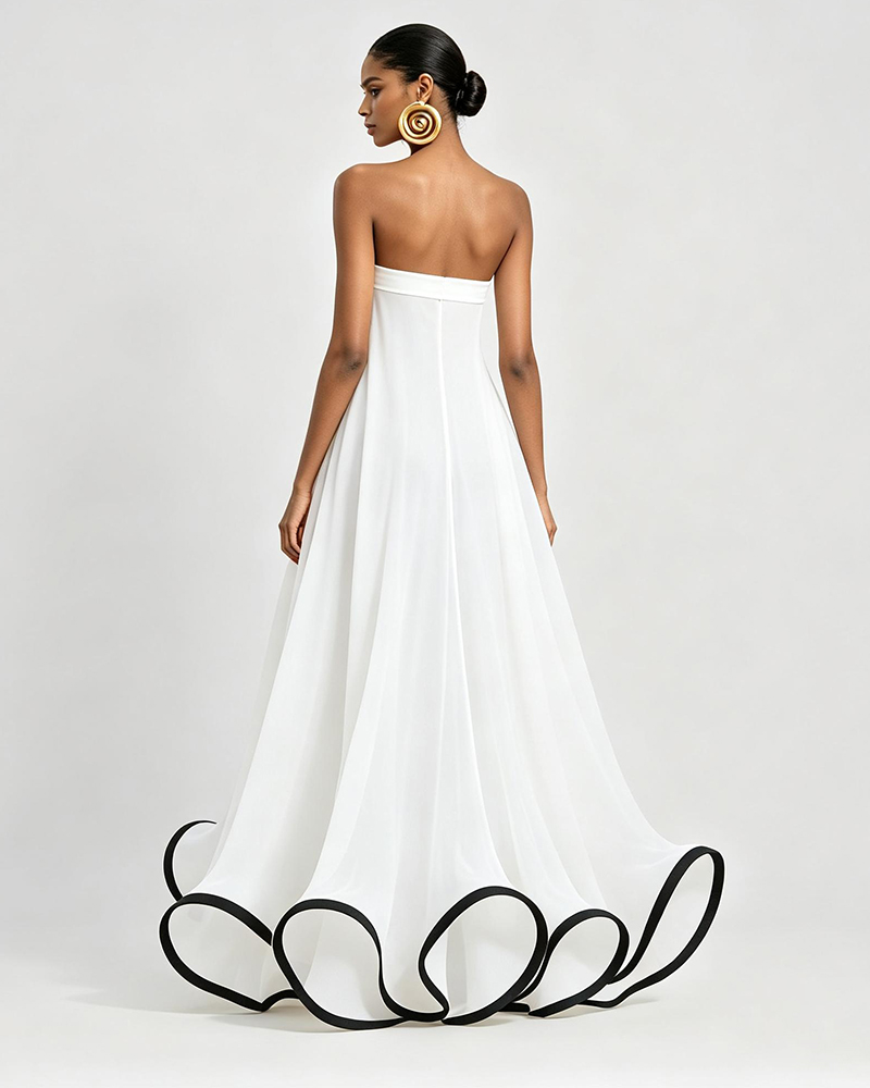 Kira White Strapless Contrast-Trim Sculptural Maxi Dress