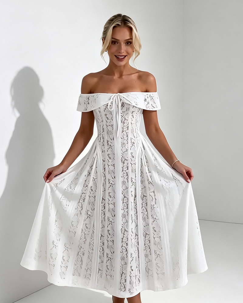Seraphina White Off-the-Shoulder Lace Midi Dress