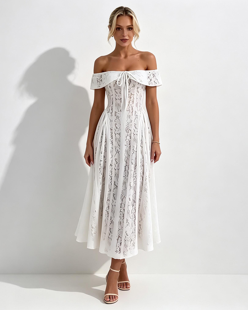 Seraphina White Off-the-Shoulder Lace Midi Dress