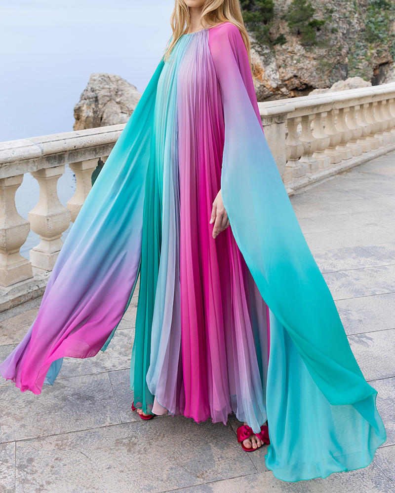 Iris Multi-Color Ombré Pleated Cape Maxi Dress