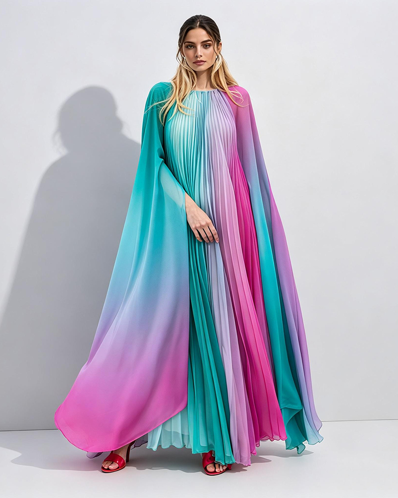 Iris Multi-Color Ombré Pleated Cape Maxi Dress