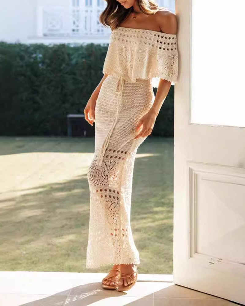 Rowena White Off-The-Shoulder Crochet Ruffle Two-Piece Vacation Set