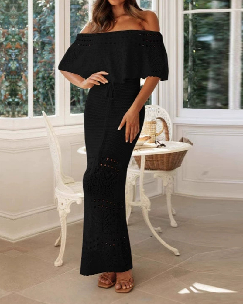 Rowena White Off-The-Shoulder Crochet Ruffle Two-Piece Vacation Set