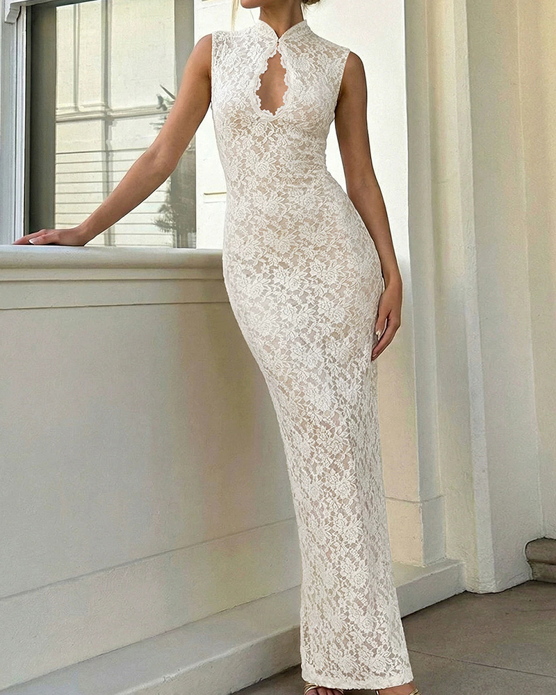 Rowena Keyhole Cutout Floral Lace Maxi Dress.