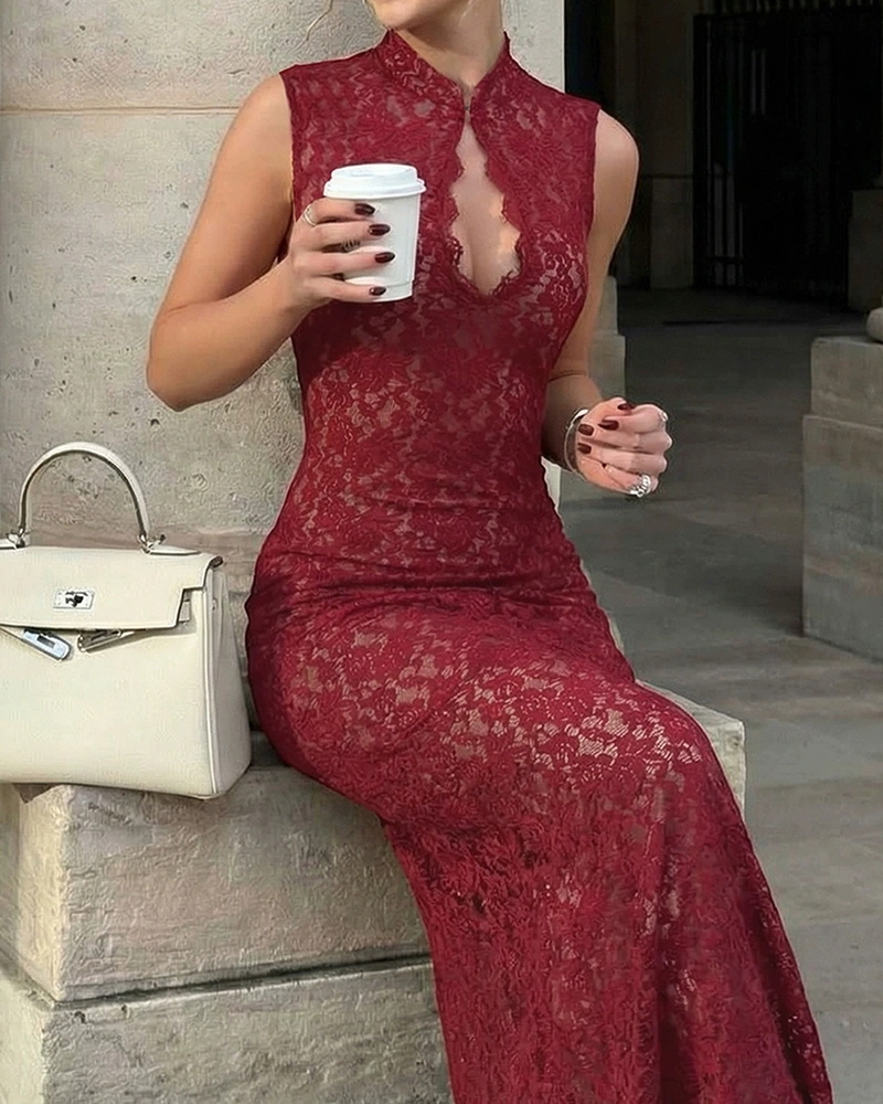 Rowena Keyhole Cutout Floral Lace Maxi Dress.