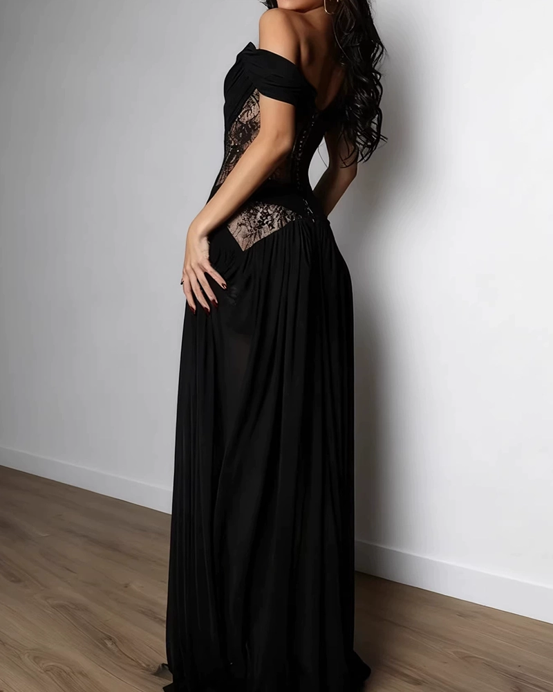 Seductress Black Off-shoulder Lace-panel Dress
