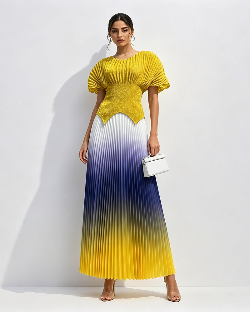 Zaria Multicolor Shimmer Metallic Ombré Pleated Two-piece Set