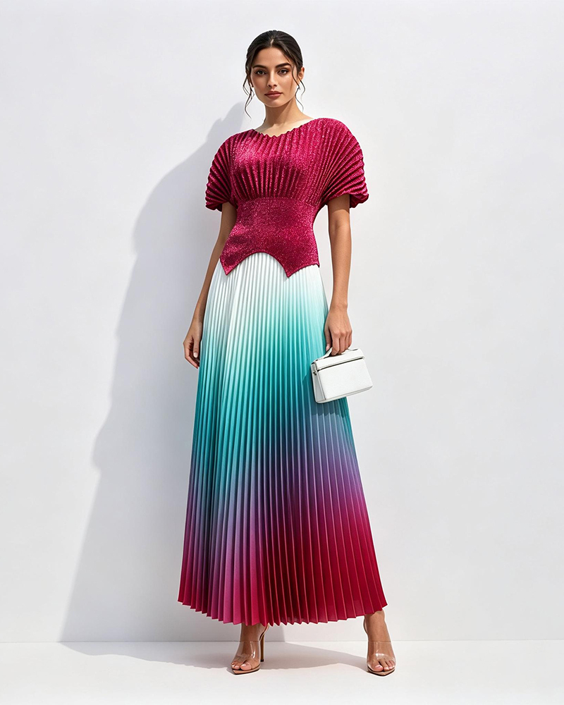 Zaria Multicolor Shimmer Metallic Ombré Pleated Two-piece Set