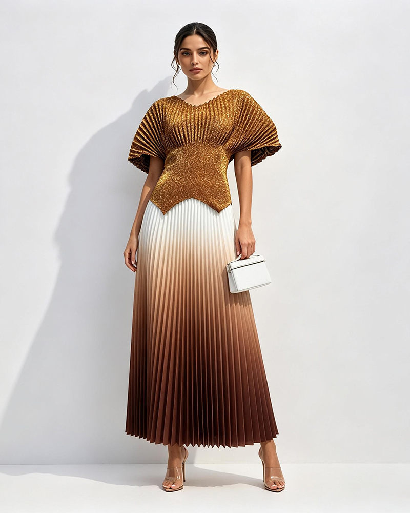Zaria Multicolor Shimmer Metallic Ombré Pleated Two-piece Set