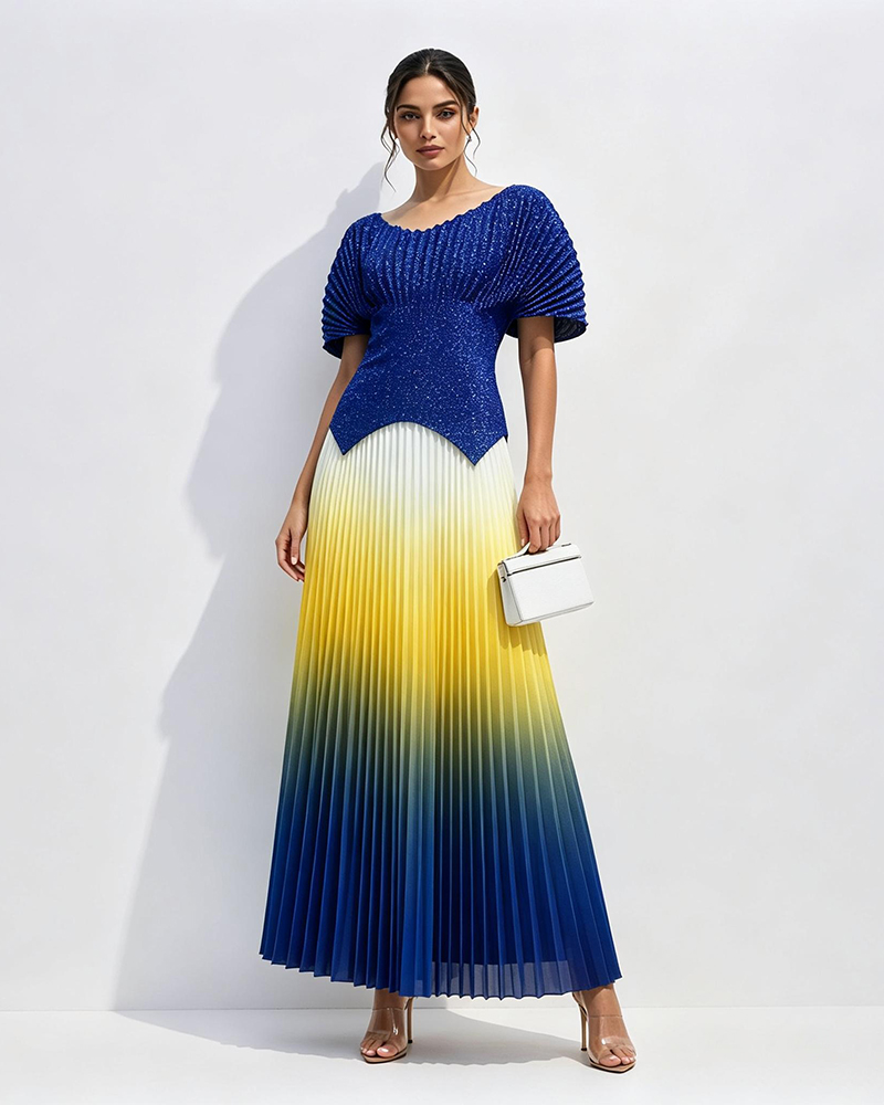 Zaria Multicolor Shimmer Metallic Ombré Pleated Two-piece Set