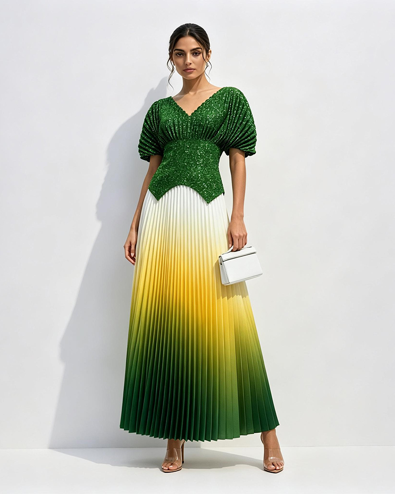 Zaria Multicolor Shimmer Metallic Ombré Pleated Two-piece Set