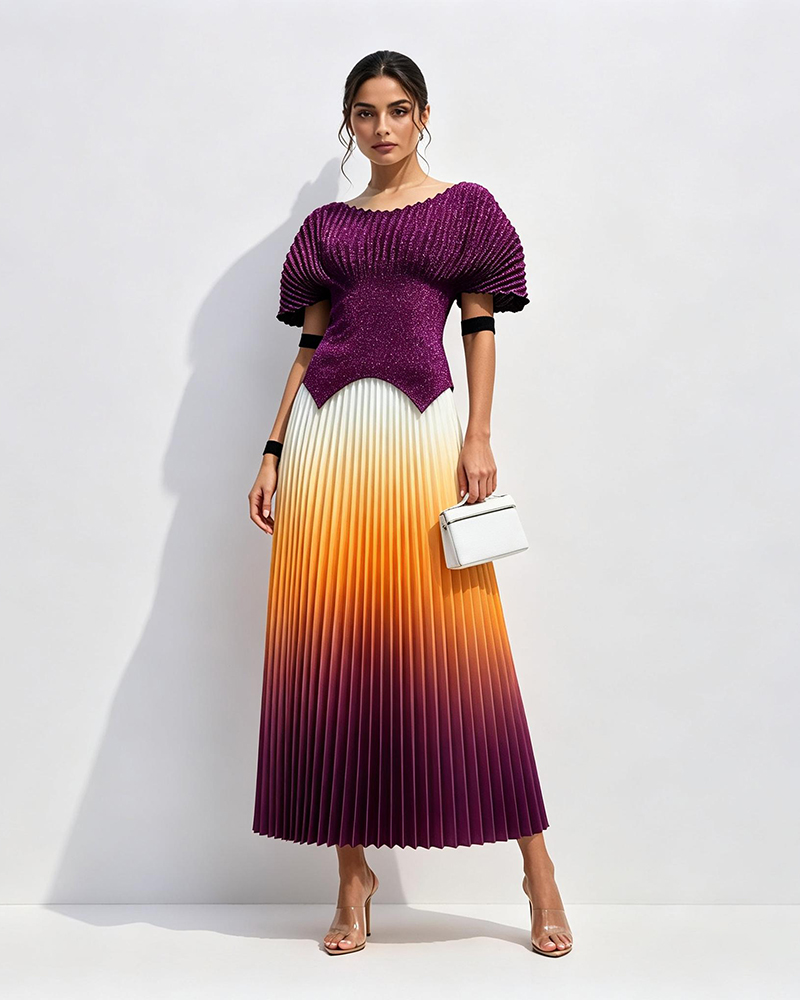 Zaria Multicolor Shimmer Metallic Ombré Pleated Two-piece Set