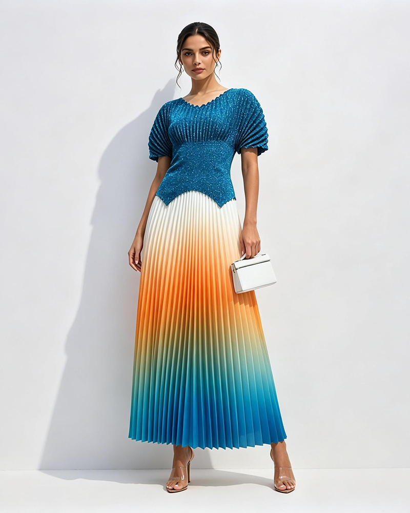 Zaria Multicolor Shimmer Metallic Ombré Pleated Two-piece Set