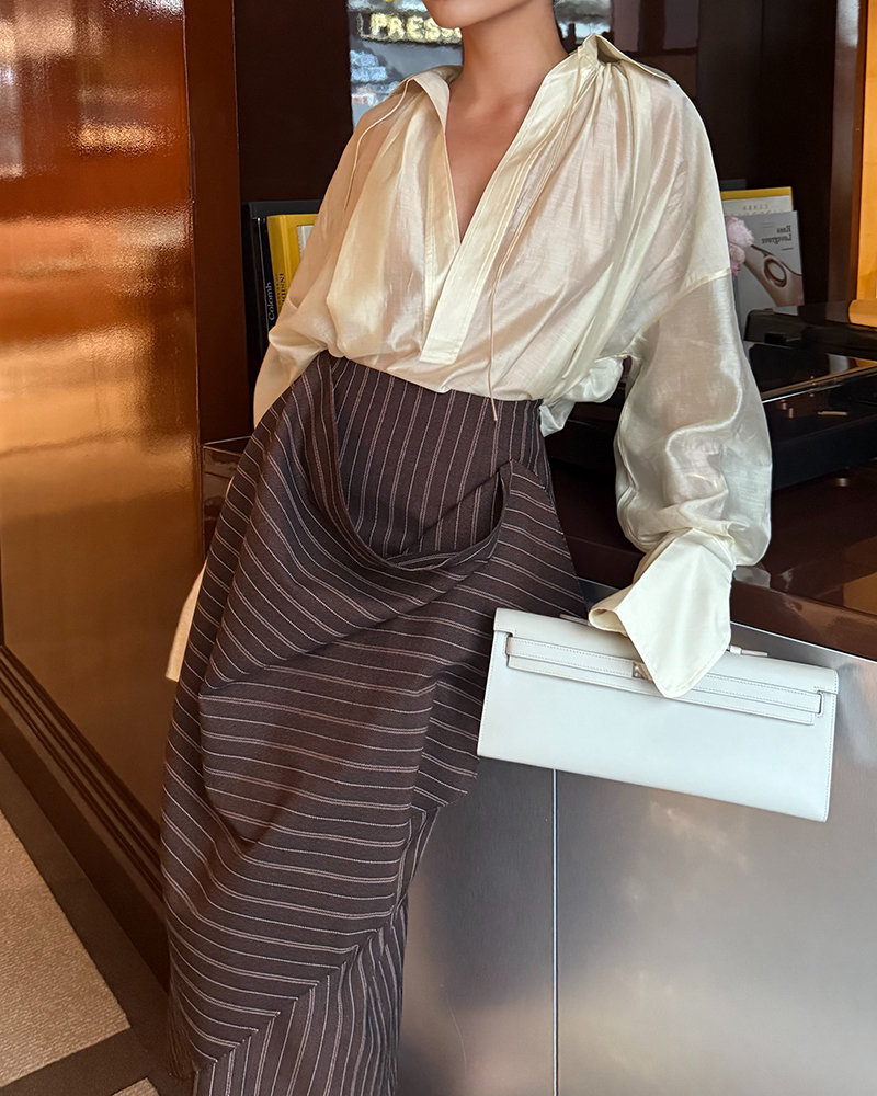 Chloe Sheer Blouse & Folded Pinstripe Skirt Two-Piece Set