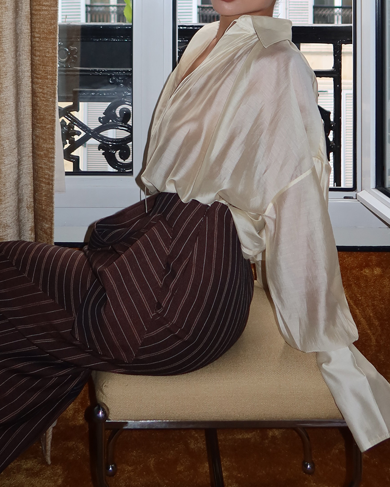 Chloe Sheer Blouse & Folded Pinstripe Skirt Two-Piece Set