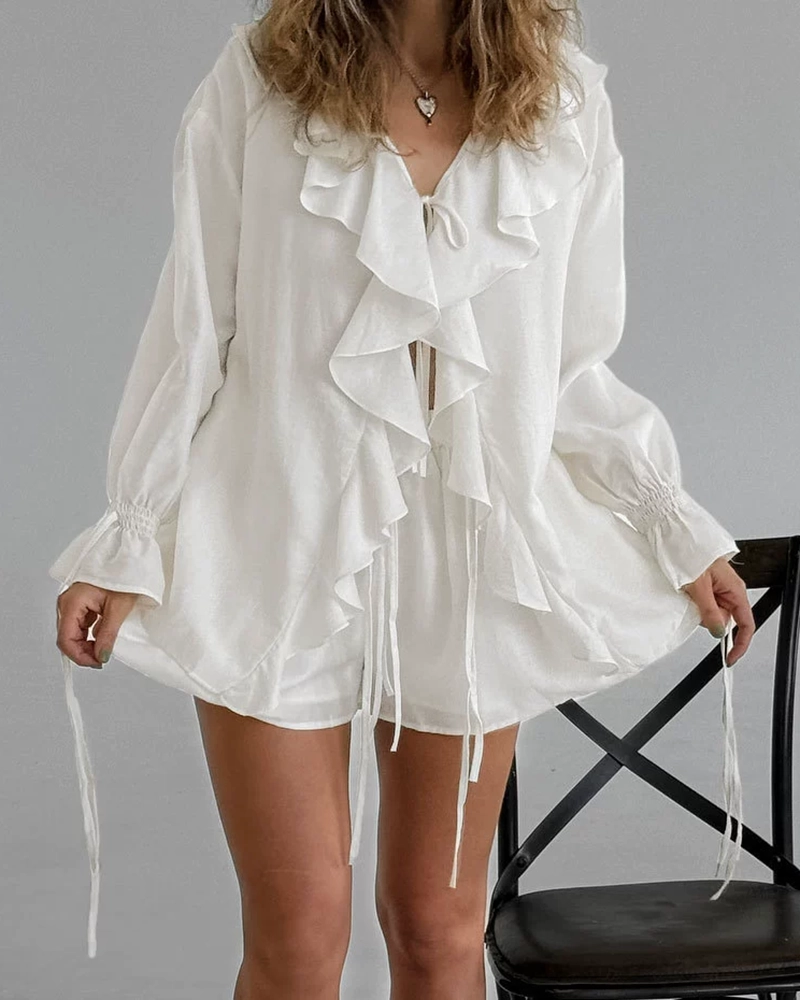 Zoya Beige Ruffle Front Tie Blouse & Shorts Set