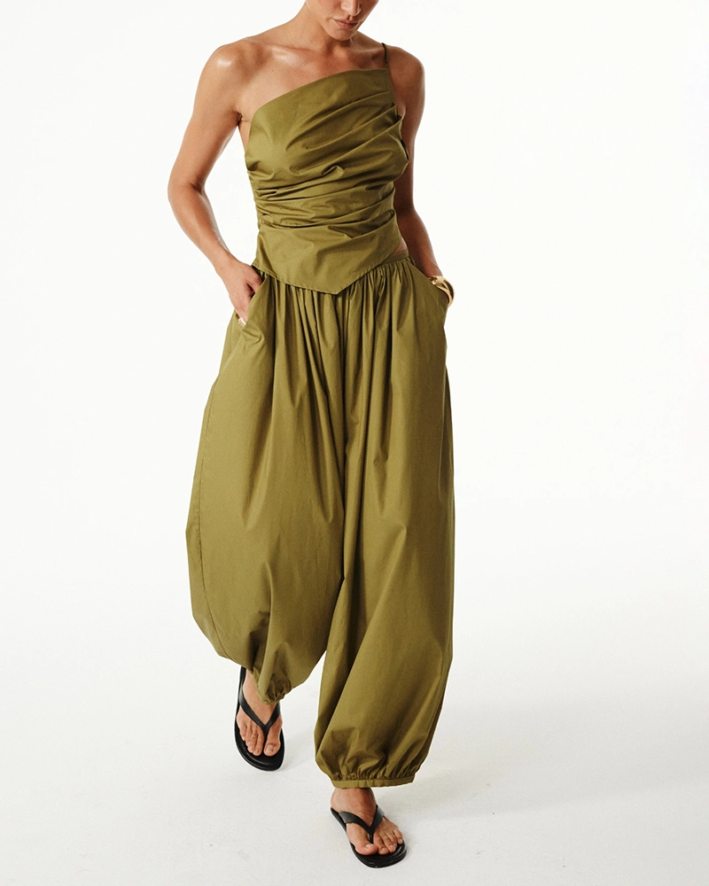Annabelle Green One-Shoulder Draped Crop Top & Balloon Pant Set