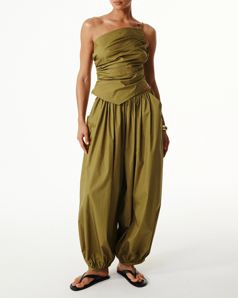 Annabelle Green One-Shoulder Draped Crop Top & Balloon Pant Set
