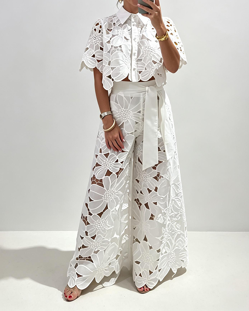 Elena White Floral Eyelet Lace Two Piece Set