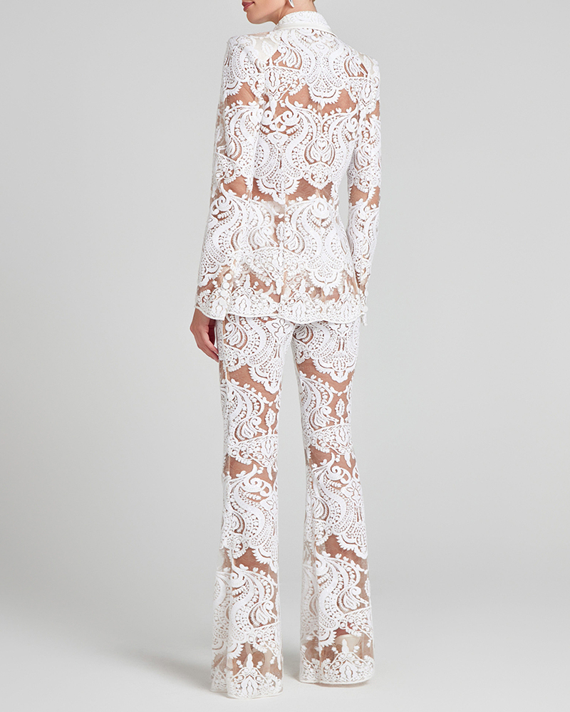 Athena White Sheer Lace Blazer and Flared Trouser Set