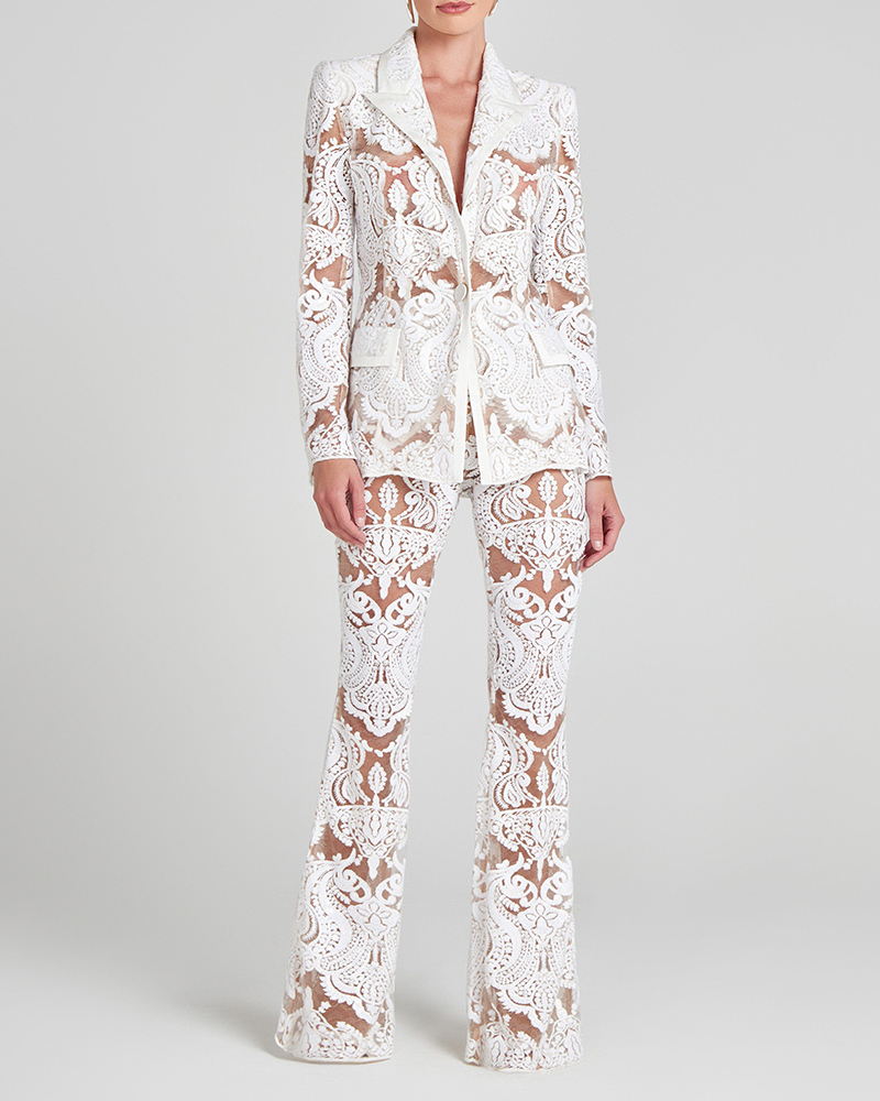Athena White Sheer Lace Blazer and Flared Trouser Set