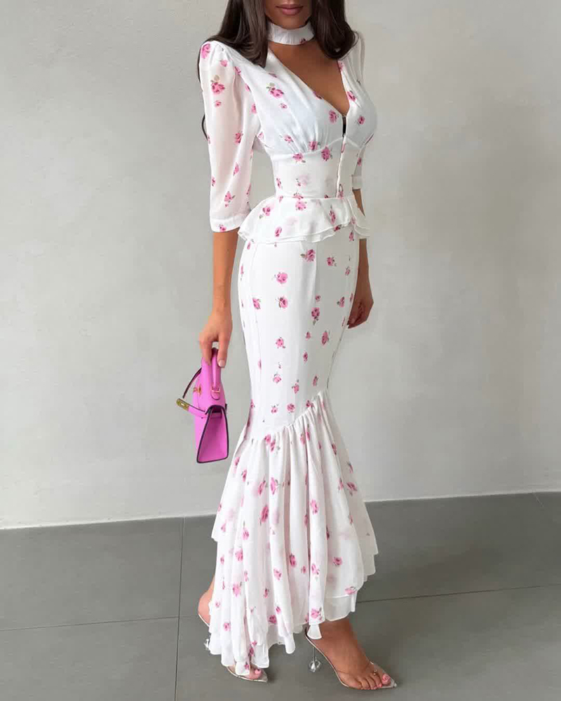 Elira White V-Neck Floral Peplum Crop Top & Mermaid Maxi Skirt Set
