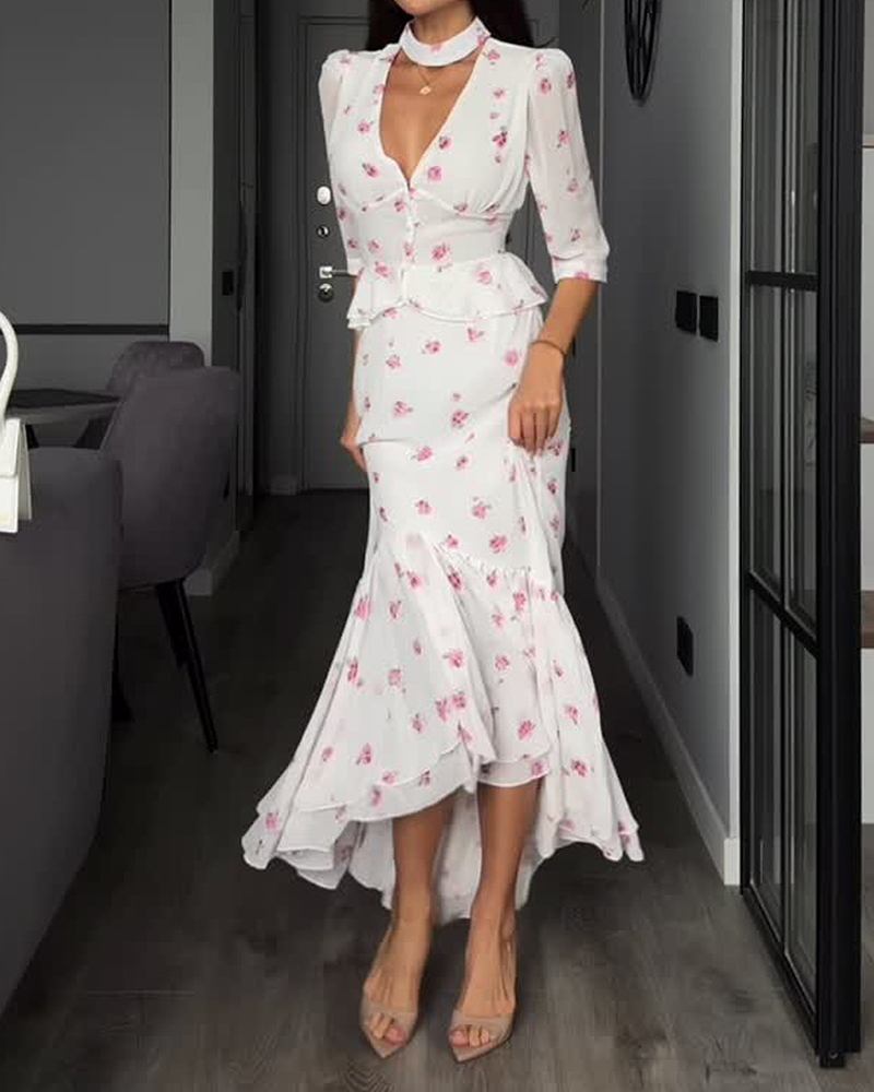 Elira White V-Neck Floral Peplum Crop Top & Mermaid Maxi Skirt Set