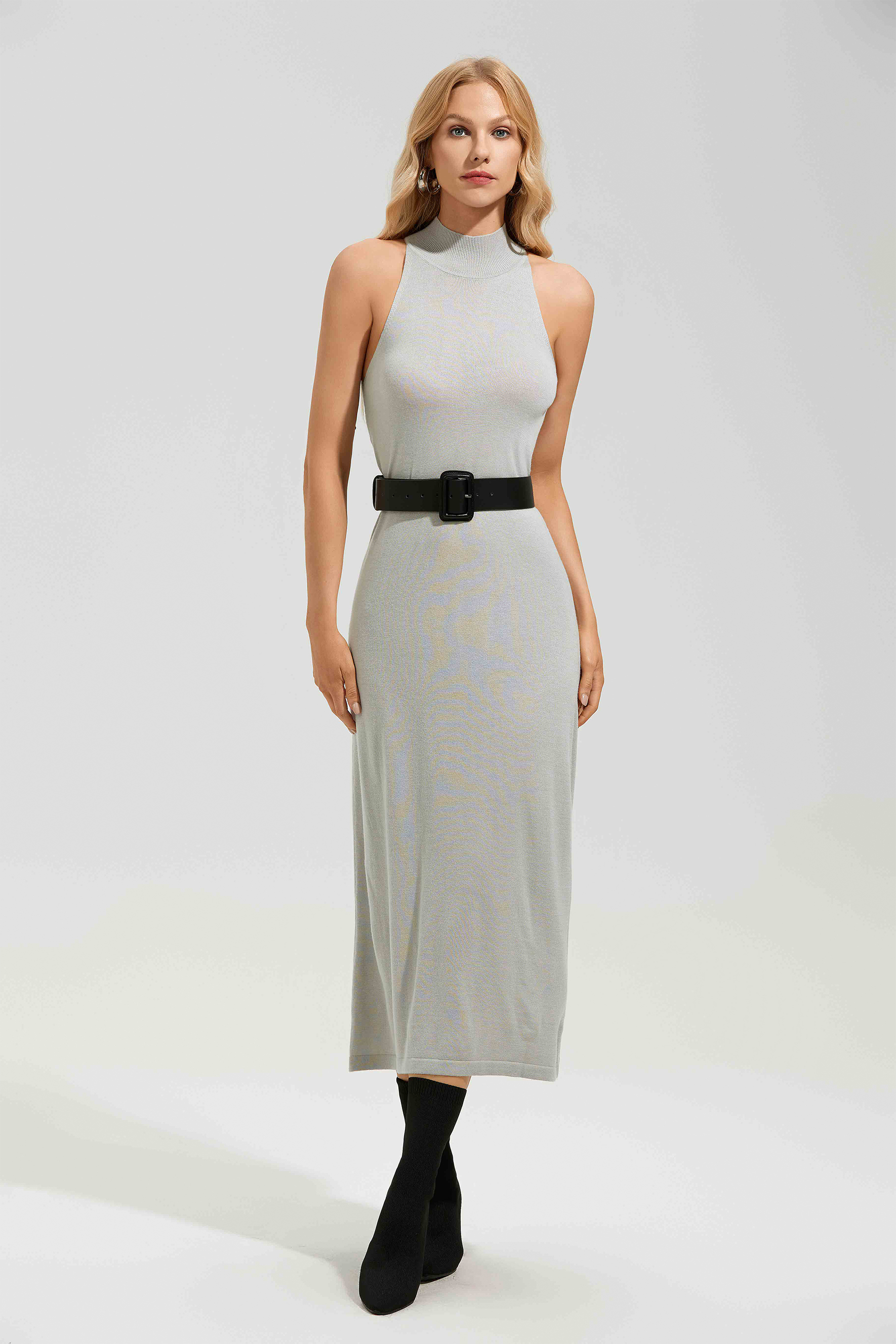Marilyn Sleeveless Mock Neck Midi Knit Dress-purelyfable