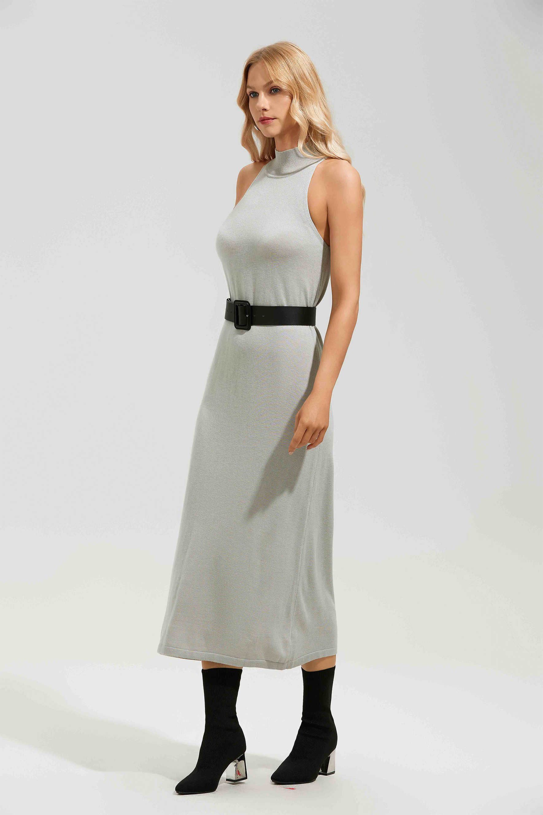 Marilyn Sleeveless Mock Neck Midi Knit Dress-purelyfable