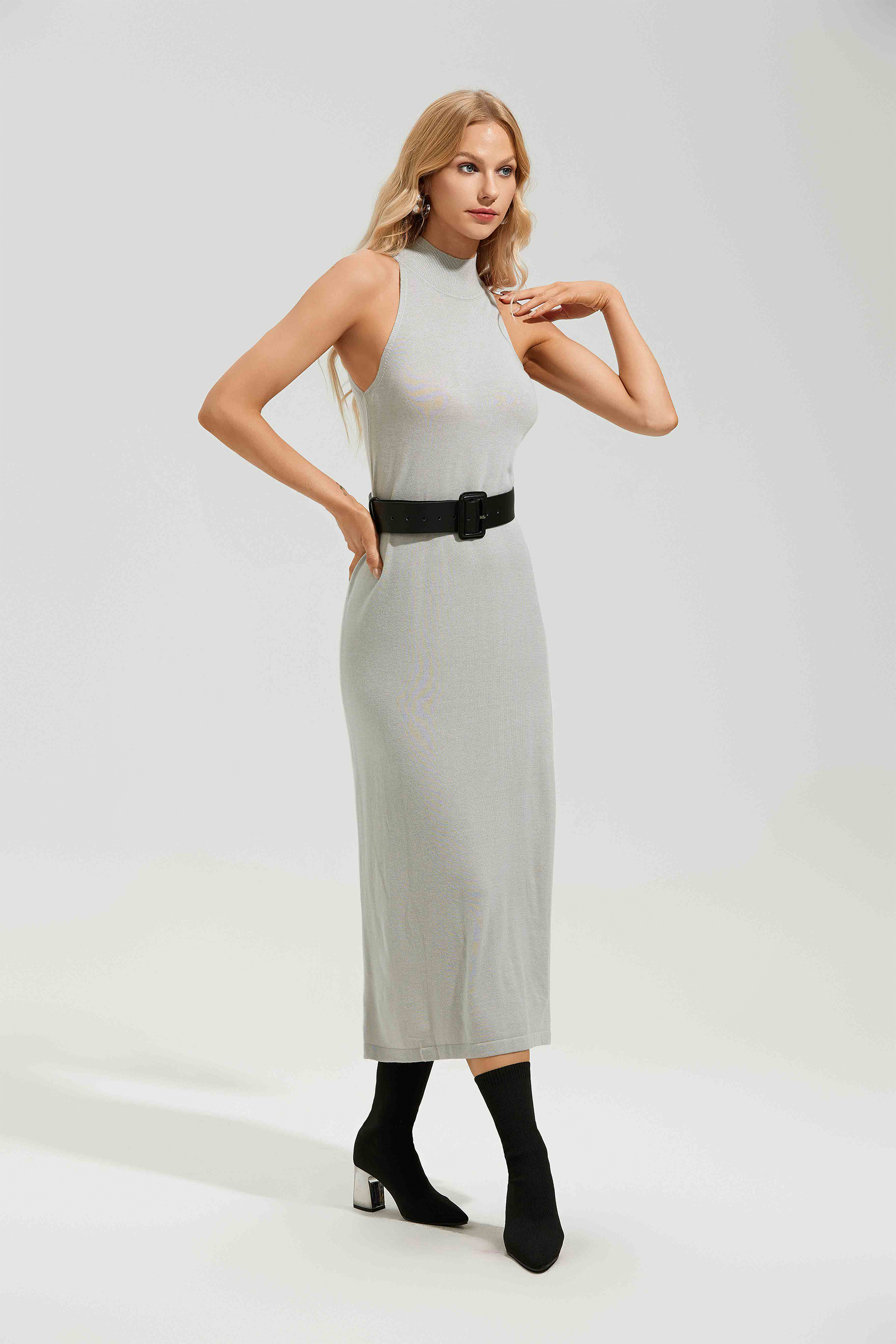 Marilyn Sleeveless Mock Neck Midi Knit Dress-purelyfable