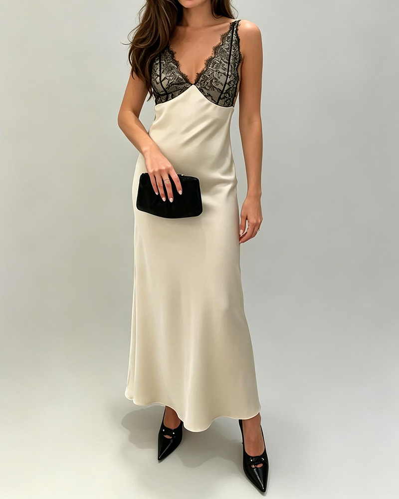 Juliette Beige V-Neck Lace Trim Satin Slip Maxi Dress