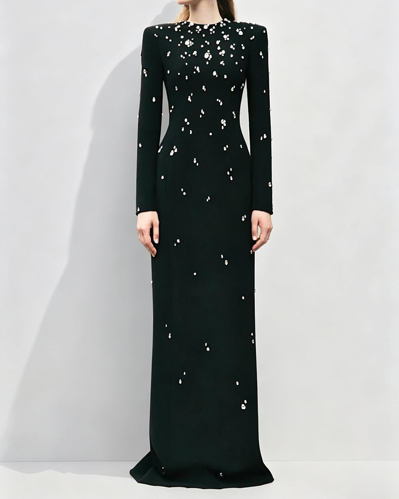 Zariah Black Long Sleeve Rhinestone Embellished Maxi Dress