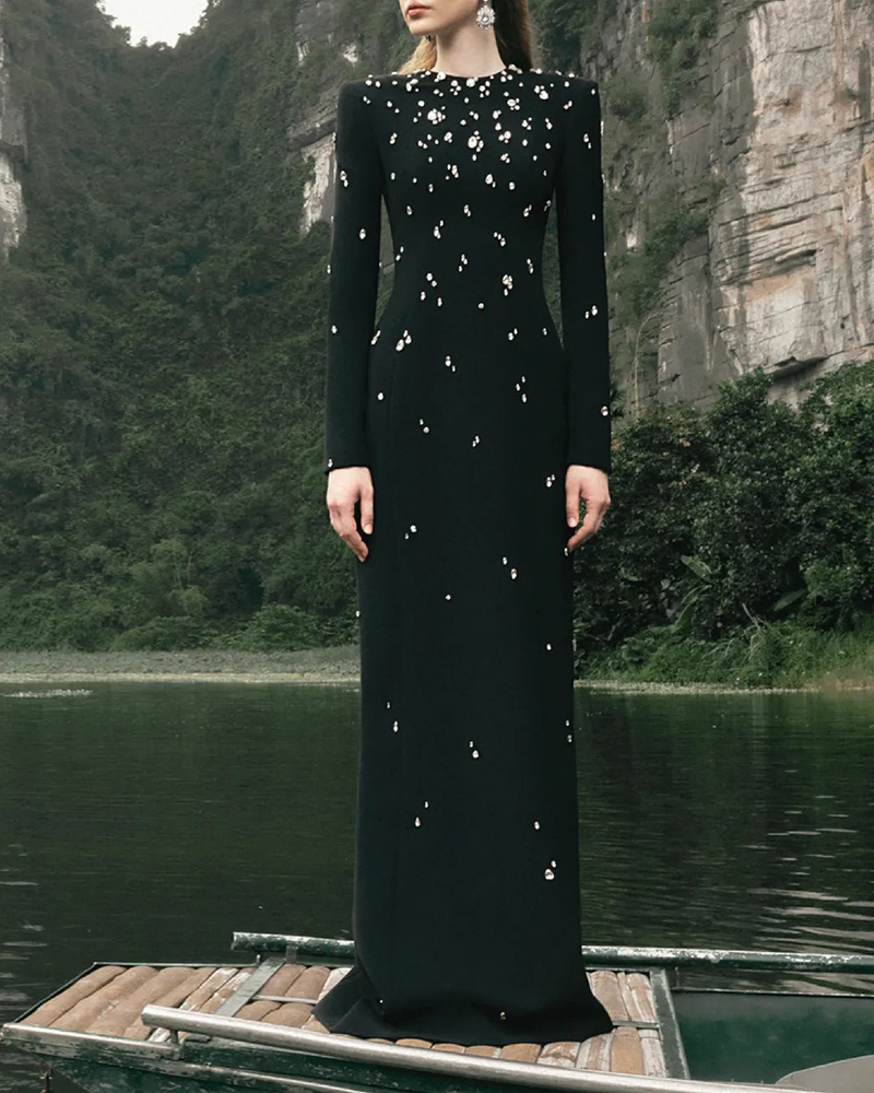 Zariah Black Long Sleeve Rhinestone Embellished Maxi Dress