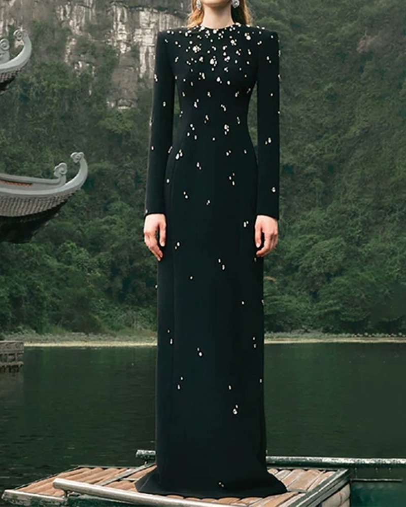 Zariah Black Long Sleeve Rhinestone Embellished Maxi Dress
