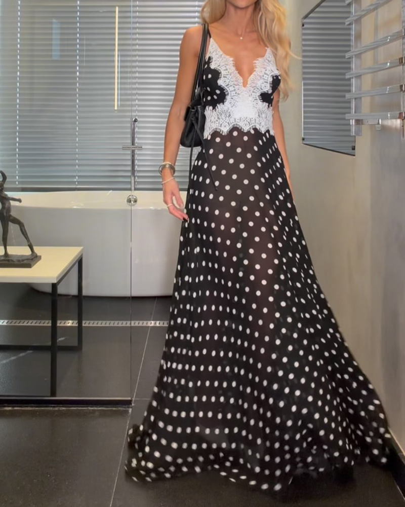 Zyra Black V-Neck Lace Trim Polka Dot Maxi Dress