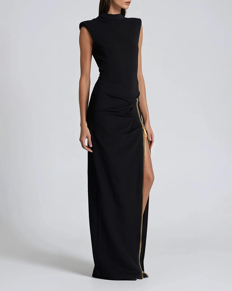 Sabrina Black Sleeveless Zipper Detail Maxi Dress.