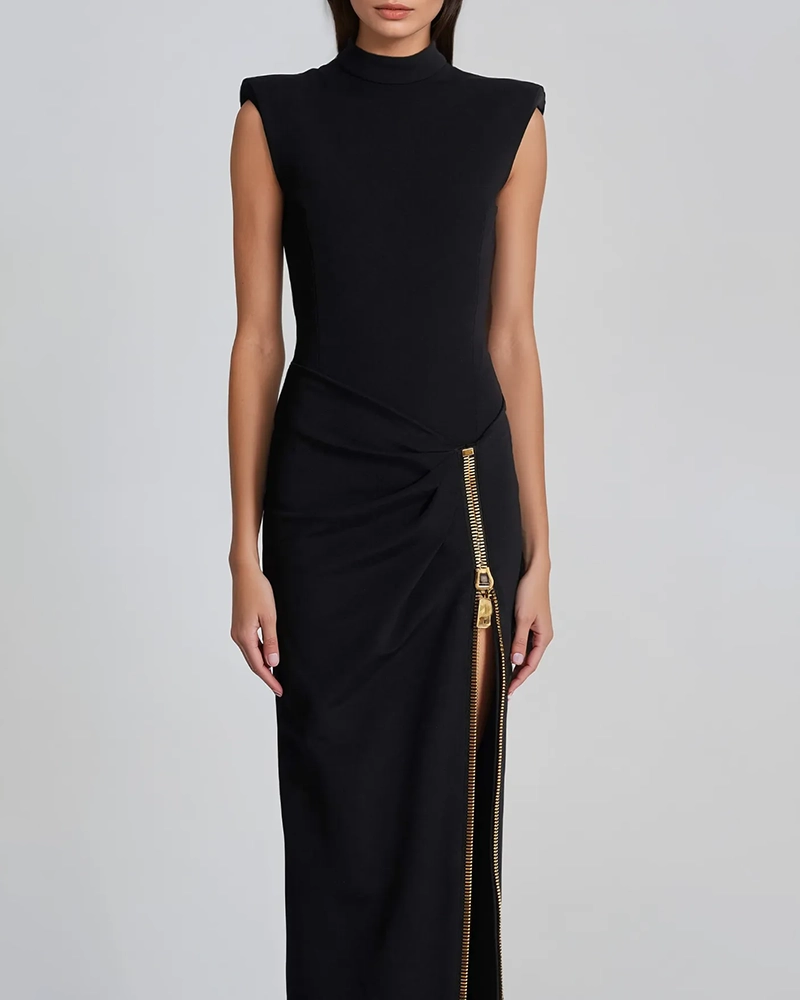 Sabrina Black Sleeveless Zipper Detail Maxi Dress.