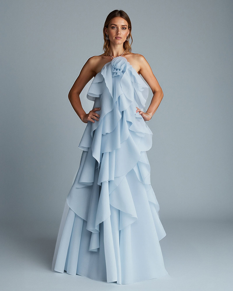 Ariana Blue Halter Flower Ruffle Maxi Dress