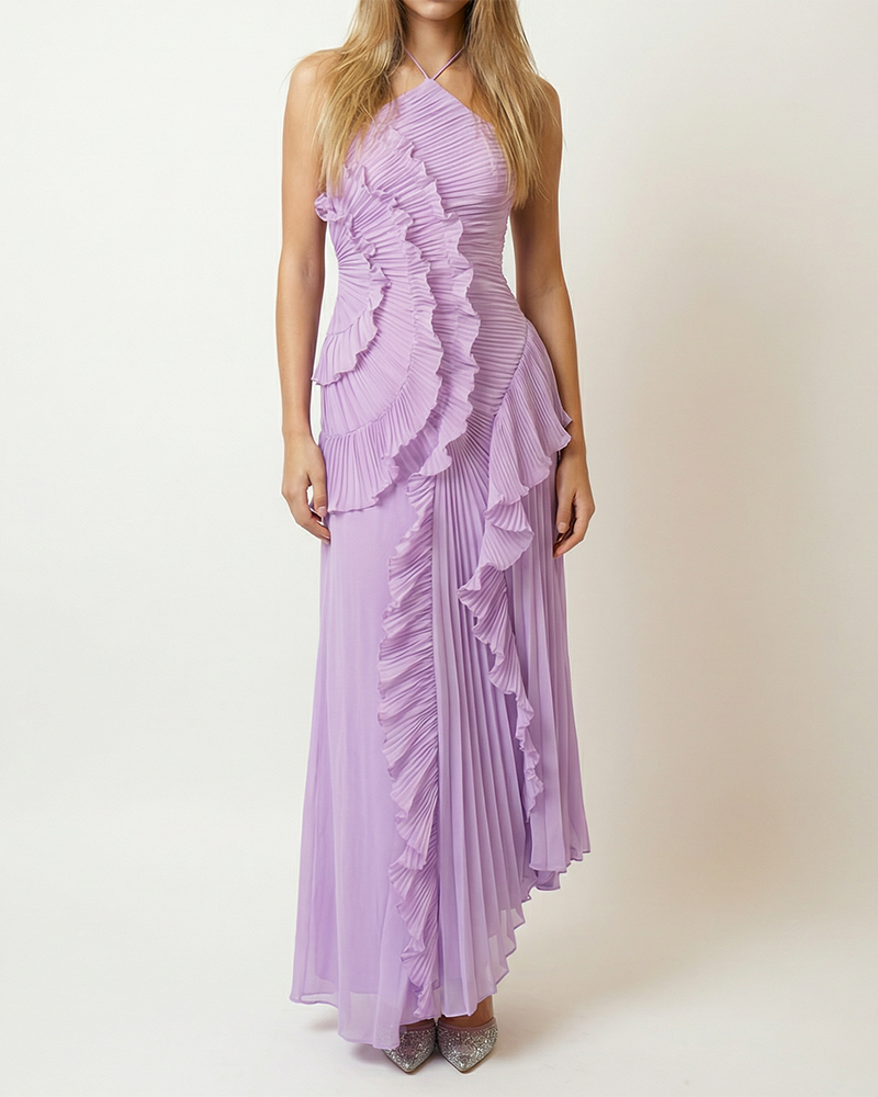 Ariadne Purple Halter Pleated Ruffle Maxi Dress