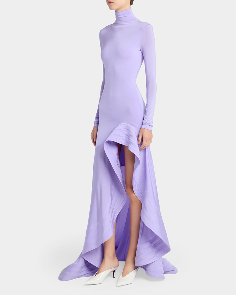 Zora Purple Long Sleeve High Neck Ruffle Hem Maxi Dress