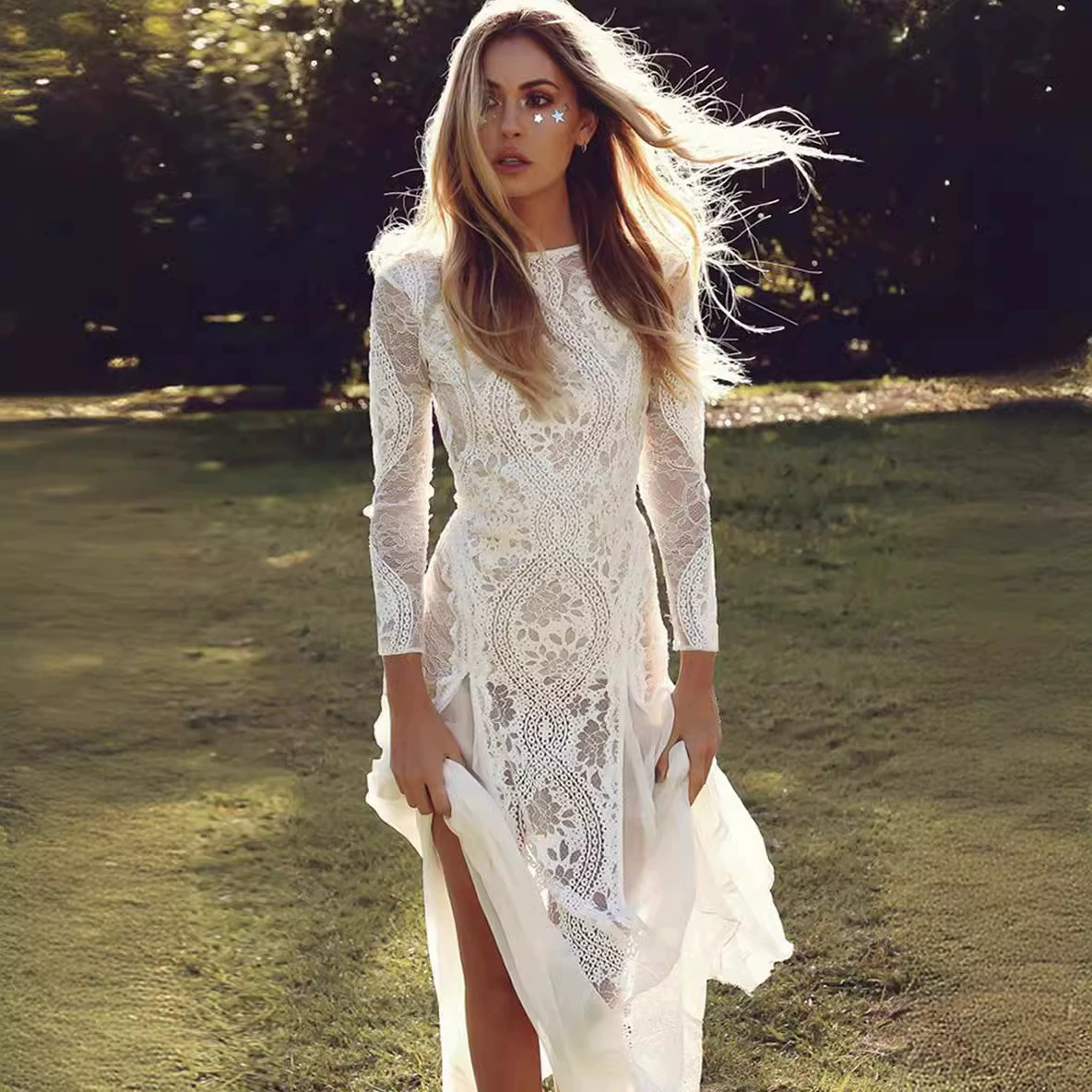 Alondra White Long Sleeve Lace-panel Dress