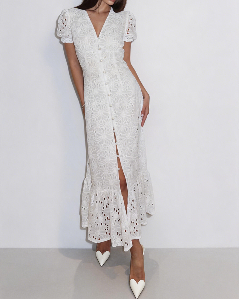 Anika White V-Neck Short Sleeve Cutout Eyelet Maxi Dress