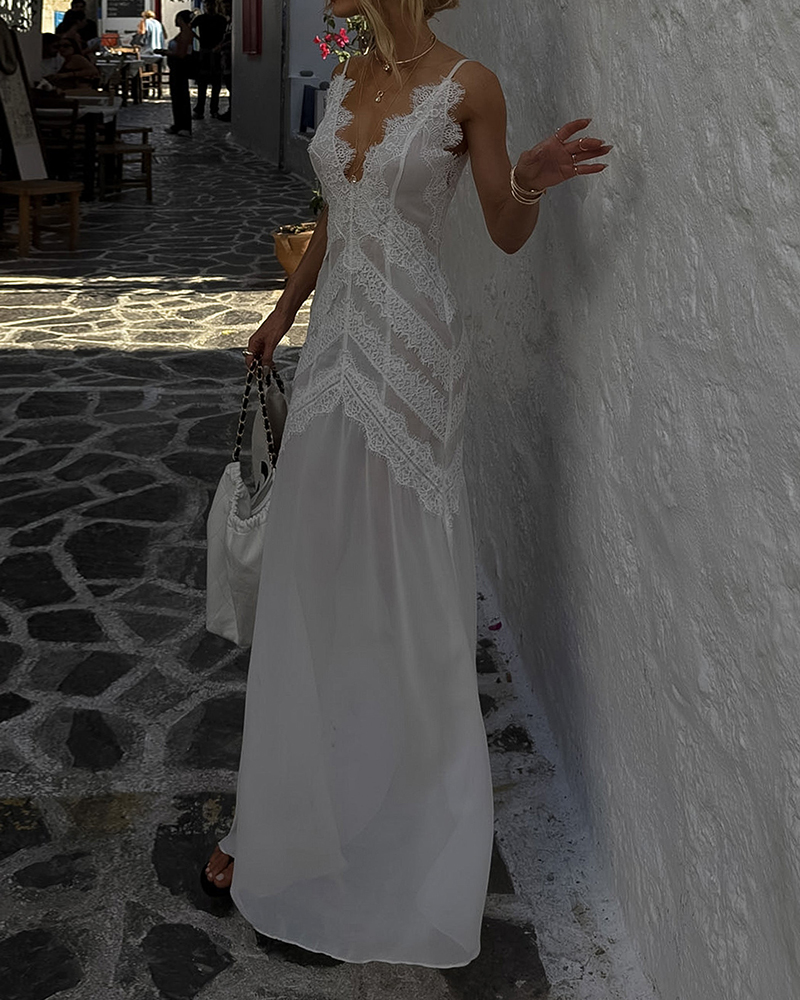 Zora White V-Neck Lace and Chiffon Maxi Dress