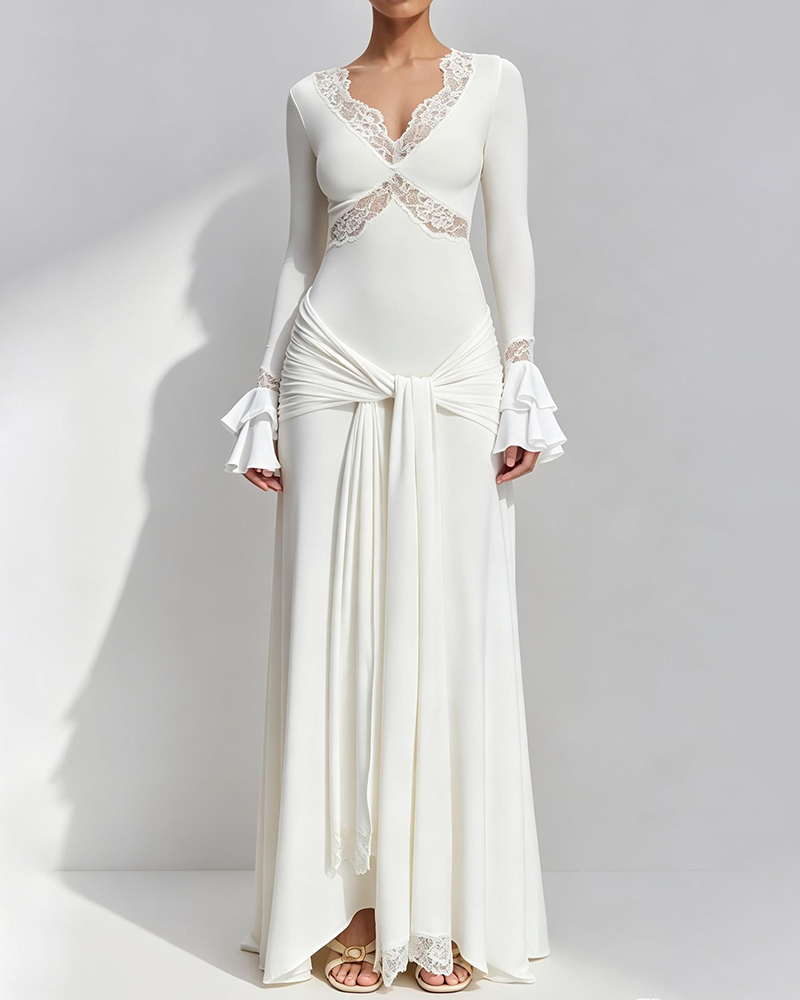 Zephyra White Long Sleeve Lace Trim Draped Maxi Dress