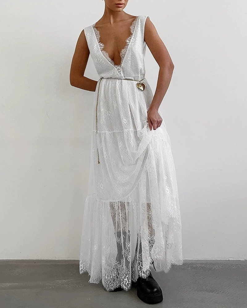Rosalinda White V-Neck Lace Tiered Maxi Dress