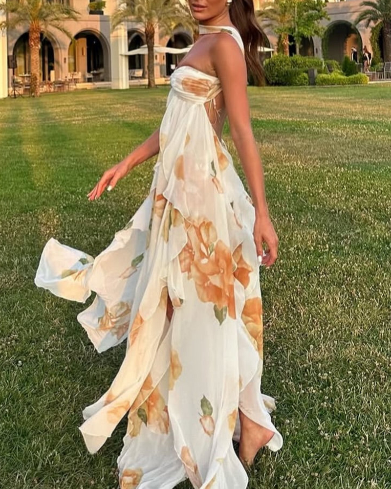 Clara White Strapless Floral Chiffon Ruffle Maxi Dress