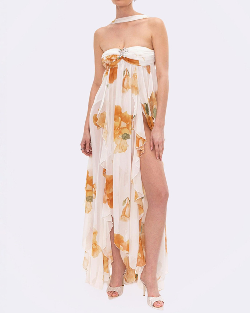 Clara White Strapless Floral Chiffon Ruffle Maxi Dress
