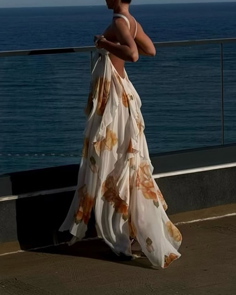 Clara White Strapless Floral Chiffon Ruffle Maxi Dress
