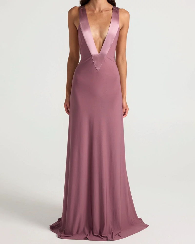 Zuri Yellow Deep V-Neck Contrast Trim Maxi Dress