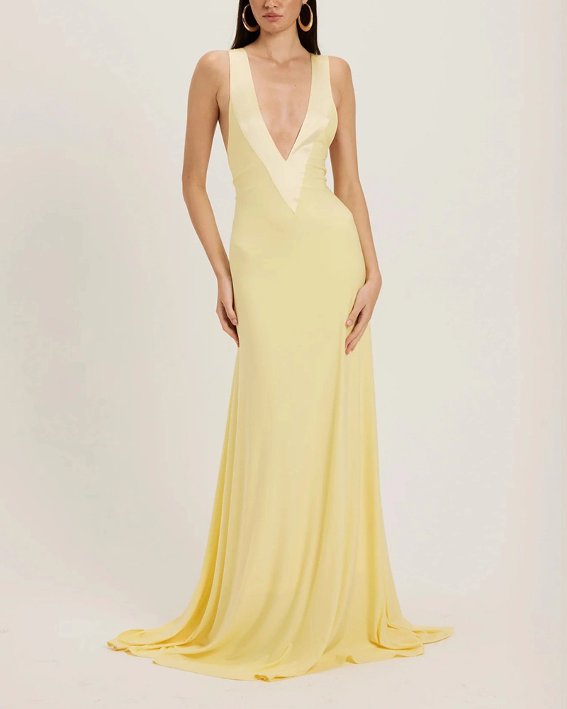 Zuri Yellow Deep V-Neck Contrast Trim Maxi Dress